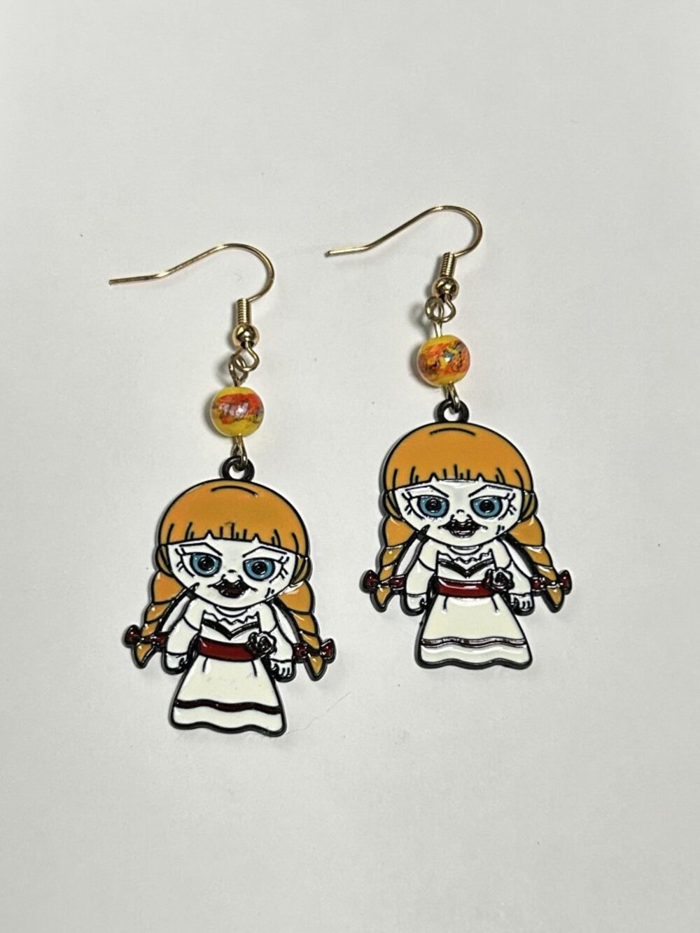 Annabelle Creepy Doll Enamel Drop Earrings Horror Movie Spooky